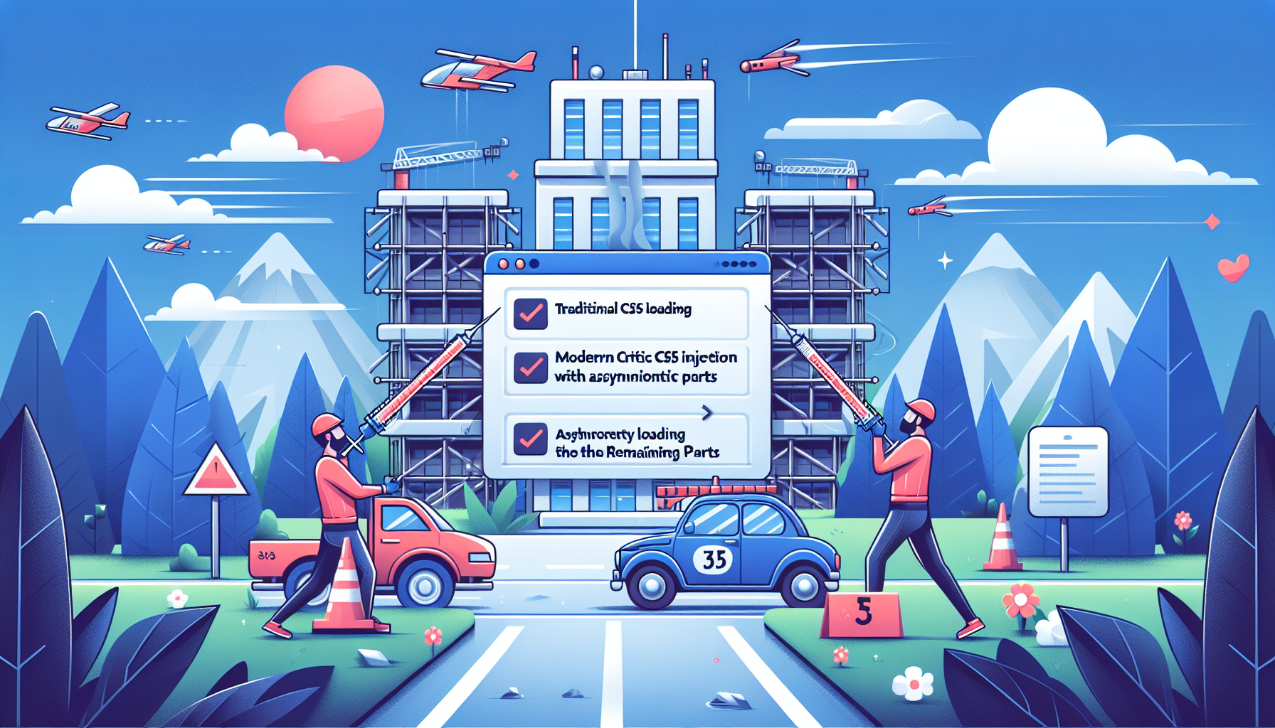 Diagram der viser forskellen på traditionel CSS loading og moderne Critical CSS injection med asynkron loading af resten