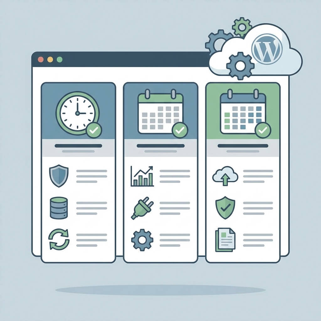 Visuel tjekliste med tre kolonner: daglige, ugentlige og månedlige WordPress-vedligeholdelsesopgaver